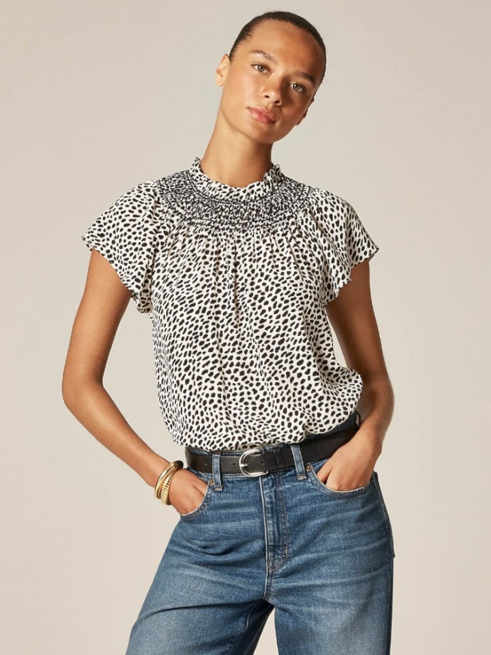 J. Crew Smocked high-neck top in spot-print crepe de chine Animal Spots XXS NWT